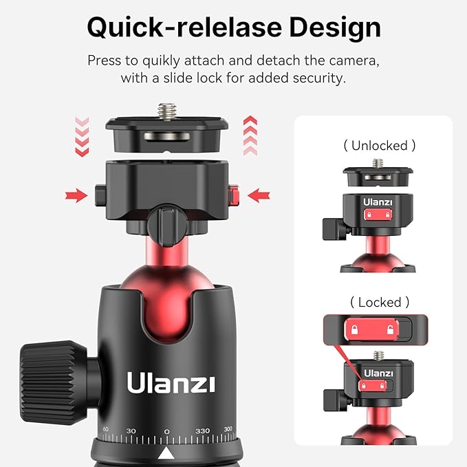 ULANZI TT31 - Quick release camera tripod with claw, folding aluminum tripod and monopod, detachable 360 ball head and QR plate with reversible legs of 180, payload of 33