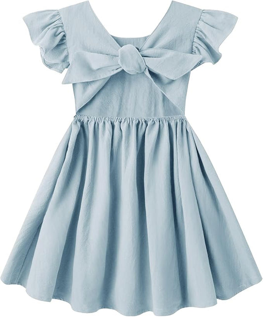 Toddler Baby Girl Cotton Linen Summer Dress Ruffle Sleeve Back Bowknot Kids Beach Dresses