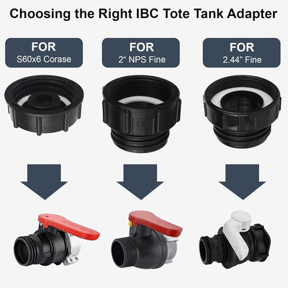 275-330 Gallon IBC Tote Adapter with Blue Handle, 3-Size Threads (2.44", 2" Fine, 2" Coarse, 1/2" NPT Inlet x 3/4" GHT Dual Outlet Hose Faucet