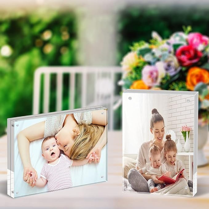 ILYXY 5 Pack Acrylic Frame 5x7, 20 Thicker, 24mm Thick Frameless Clear Picture Frame, Double Sided Magnetic Photo Frame, Free Standing Desktop Display Stand Acrylic Picture Frames