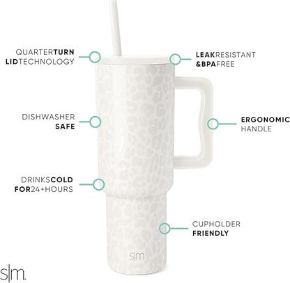 Simple Modern 40 oz Trek Tumbler with Handle and Straw Lid  Cup Holder Friendly Insulated Stainless Steel Travel Mug  Cream Leopard
