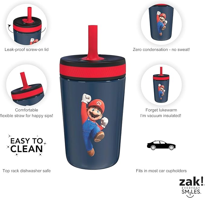 Zak Designs The Super Mario Bros. Movie Kelso Toddler Cups For Travel or At Home, 12oz Vacuum Insulated Stainless Steel Sippy Cup With Leak-Proof Design is Perfect For Kids (Mario)