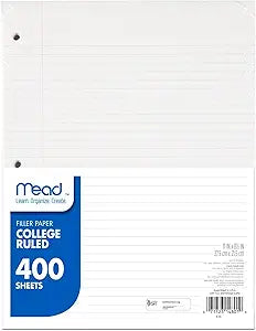 Mead Loose Leaf Paper, Filler Paper, College Ruled, 400 Sheets, 11" x 8-12", 3 Hole Punched, 1 Pack (170046-ECM)
