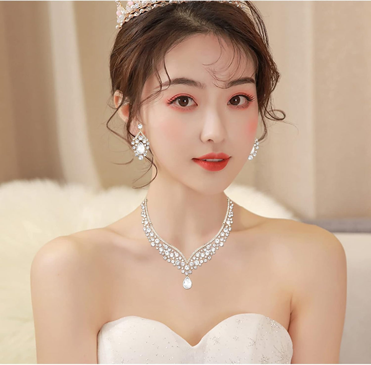 Women's Statement Necklace Earrings Link Bracelet Set for Bride Austrian Crystal Wedding Bridal Costume Jewelry Sets