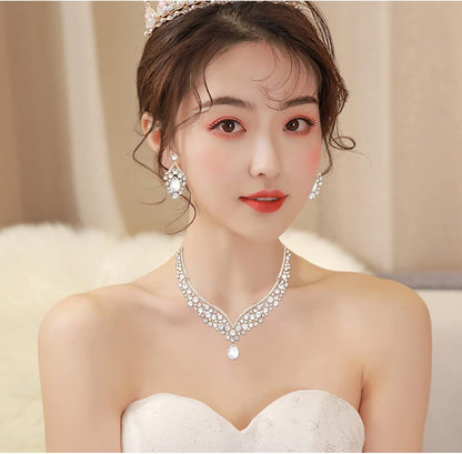 Women's Statement Necklace Earrings Link Bracelet Set for Bride Austrian Crystal Wedding Bridal Costume Jewelry Sets