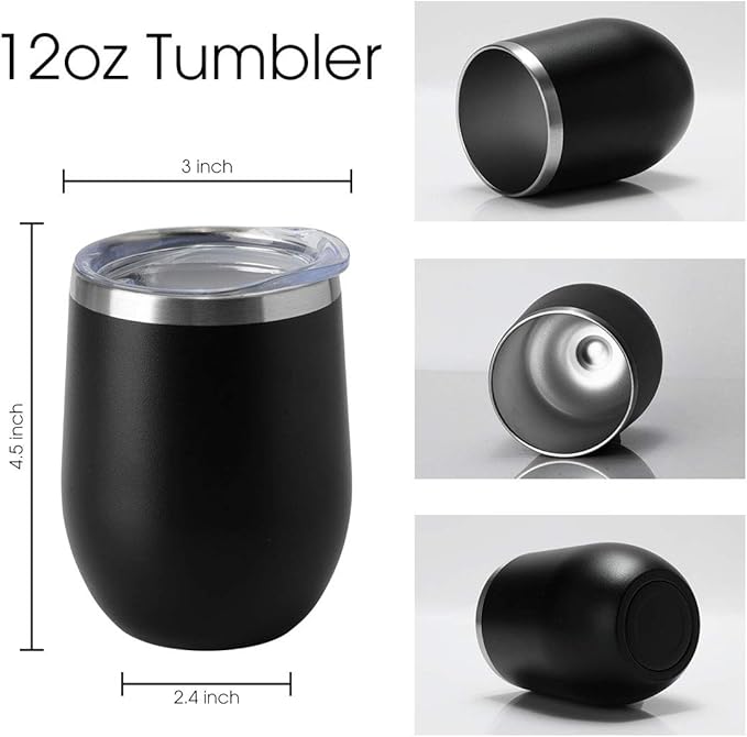HASLE OUTFITTERS 12oz Wine Tumbler with Lid Stemless Wine Glasses Double Wall Vacuum Travel Mugs stainless steel Coffee Cup for Cold  Hot Drinks Wine Coffee Cocktails Beer (12oz-Black, 1 Pack)