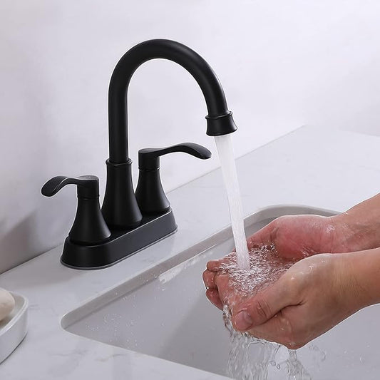 Matte Black Bathroom Sink Faucet, 2-Handle 4 Inch Centerset Lead-Free Modern Commercial, 360 Swivel High-Arc Spout Lavatory Vanity Faucets Set for Bathroom Sink with Pop-up Drain  Water Hoses