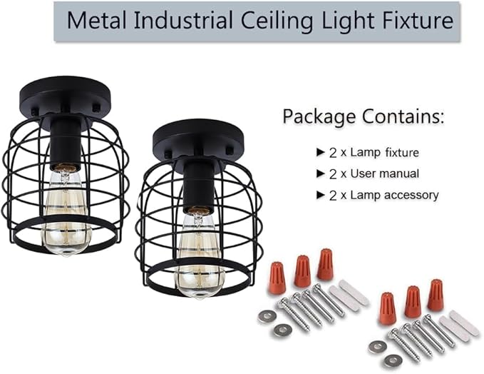 Create For Life Industrial Vintage Flush Mount Ceiling Light,Rustic Metal Cage Semi Flush Mount Ceiling Lamp Fixture for Hallway Stairway Kitchen Garage, E26, Black Finish,2 Pack