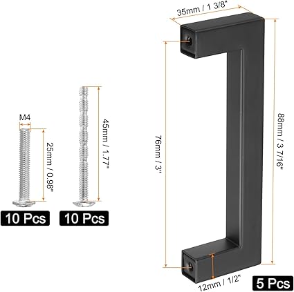 uxcell 5 Pack Square Bar Drawer Handles, 4 Inch Hole Center Modern Drawer Pulls Kitchen Cabinets Pull Stainless Steel Slim Cupboard Pulls, Matte Black