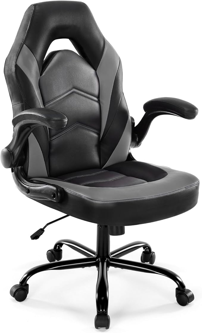 DUMOS Ergonomic Computer Gaming Chair - Home Office Desk with PU Leather Lumbar Support, Height Adjustable Big and Tall Video Game with Flip-up Armrest, Swivel Wheels for Adults and Teens