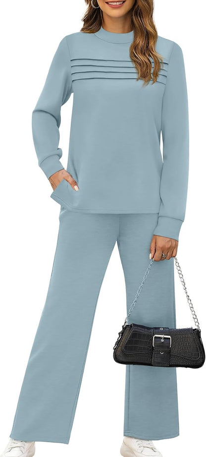 WIHOLL Two Piece Sets for Women Spring Travel Vacation Outfits 2026 Long Sleeve Lounge Sets Side Slit Wide Leg Pants S-3XL.
