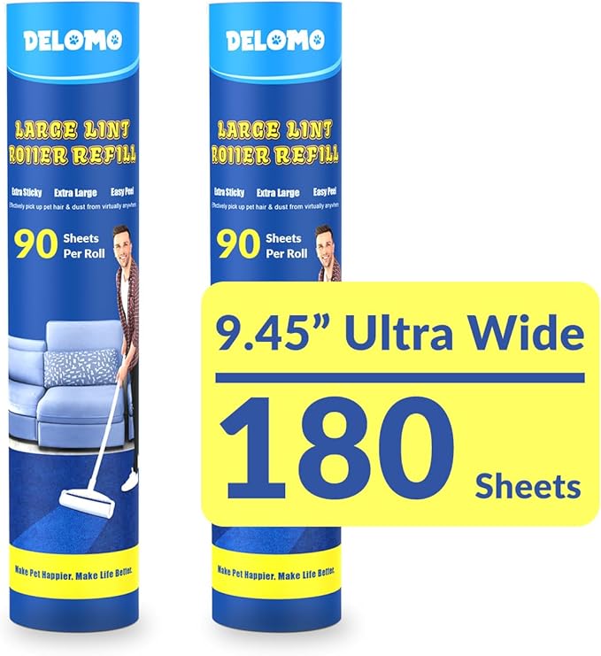 Lint Roller Refills - DELOMO Large Lint Roller Refill (2 Packs 180 Sheets) for Lint Remover, 9.45 in Pet Mega Extreme Stick Refill for Floor Roller, Cleaning for Carpets, Cars, Clothing, and Pet Hair