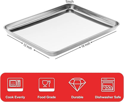 Stainless Steel Baking Sheet Cookie Tray, Cookie Sheet for Toaster Oven Baking Pan Tray, Jelly Roll Pan Size 16 x 12 x 1 Inch Easy Clean  Non-stick  Non-toxic  Dishwasher Safe