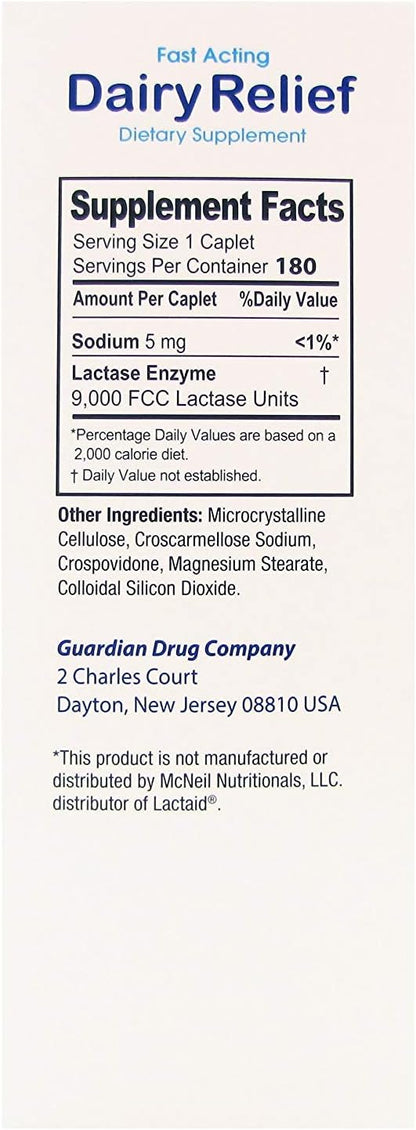 Guardian Dairy Relief Fast Acting Lactase, 180 Caplets, 9000 FCC Maximum Strength, Lactose Intolerance Pills, Lactase Enzyme (180 CT)