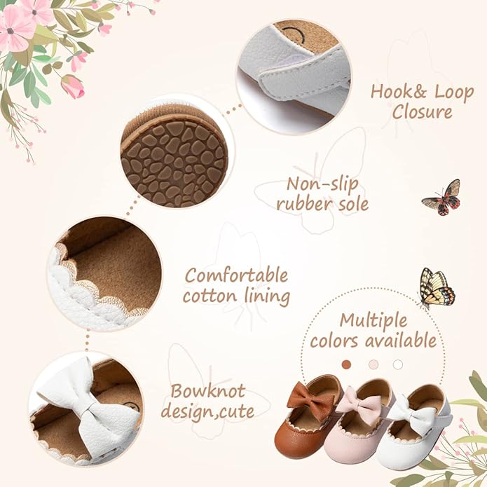 HsdsBebe Infant Baby Girls Mary Jane Flats Bow Non-Slip Soft Sole Princess Toddler First Walkers Sneaker Wedding Dress Shoes