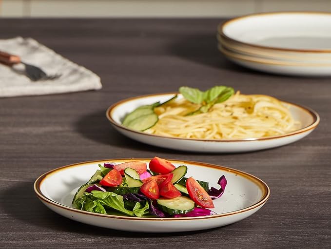 ONEMORE Ceramic Plates Set of 6, 8.5 inch Small Dinner Plates for Appetizer, Salad and Dessert. Oven, Microwave and Dishwasher Safe Plate. Rustic Kitchen Porcelain Dish - Cream White