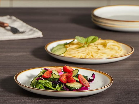 ONEMORE Ceramic Plates Set of 6, 8.5 inch Small Dinner Plates for Appetizer, Salad and Dessert. Oven, Microwave and Dishwasher Safe Plate. Rustic Kitchen Porcelain Dish - Cream White