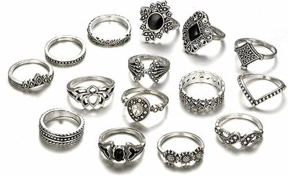 15Pcs Knuckle Rings, Bohemian Style Ladies Ring Rhinestone Inlay Non-fading Jewelry Opening Ring for Women Silver 1.7cm0.67"