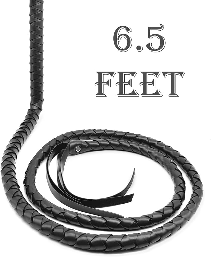 Black Whip for Halloween Costume - 6.5 Feet PU Leather Soft Prop Whip, Cat Woman Lion Tamer Cowboy Costume Accessory for Adult Women Party Dress Up Cosplay