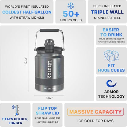 COLDEST Sports Water Bottle Half Gallon (Straw Lid), Leak Proof, Vacuum Insulated Stainless Steel, Hot Cold, Double Walled, Metal Canteen Growler Jug (Stardust Glitter, Half Gallon)