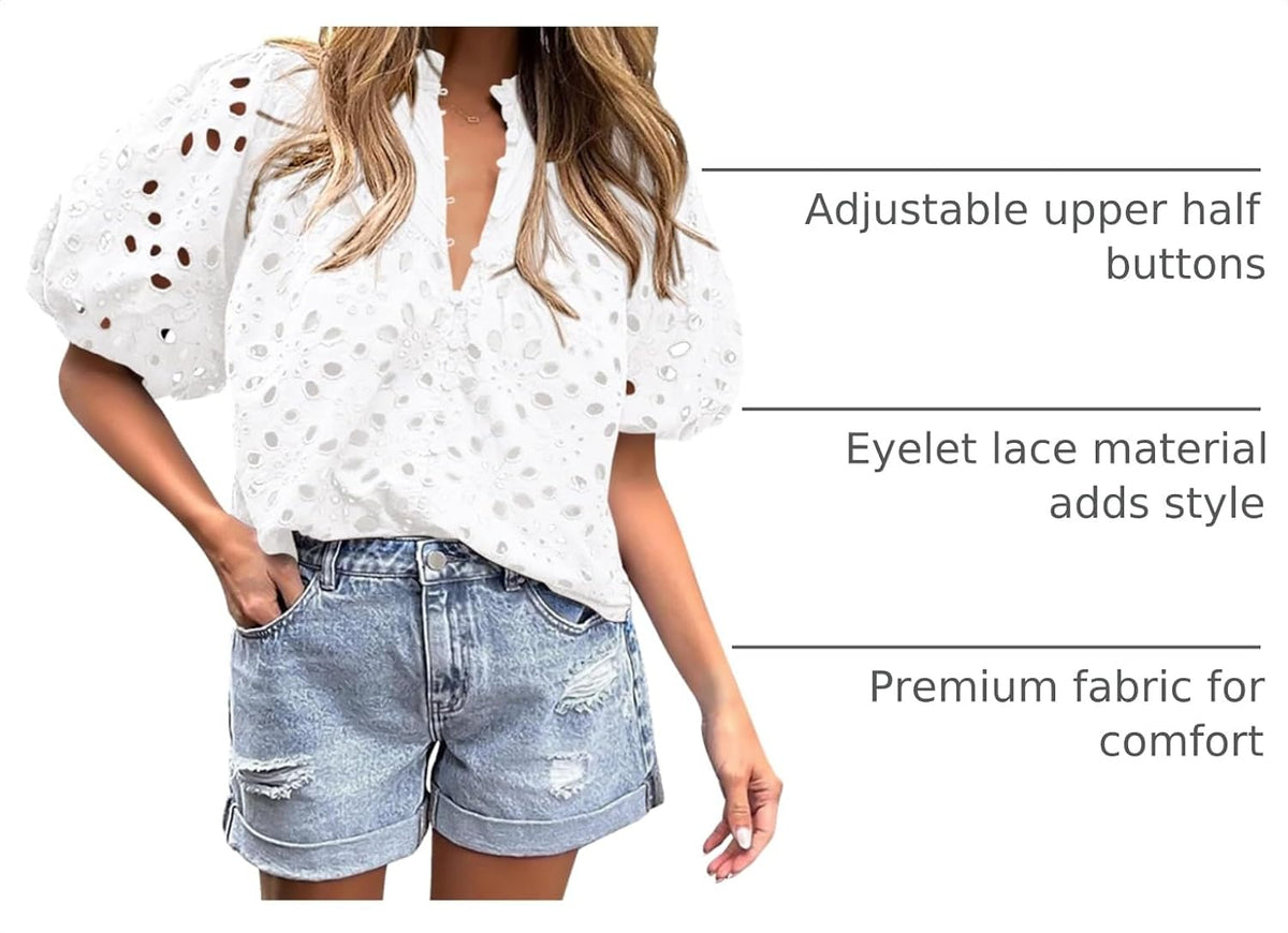 Stylish summer blouses with lace and embroidery, made of breathable fabric for comfort.