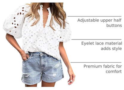 Stylish summer blouses with lace and embroidery, made of breathable fabric for comfort.