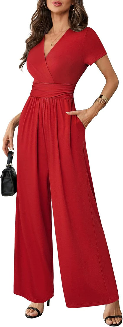 LOOKBOHO Women Dressy Casual Jumpsuits Elegant High Waist Side Ruched Romper Summer Short Sleeves Wide Leg Pants
