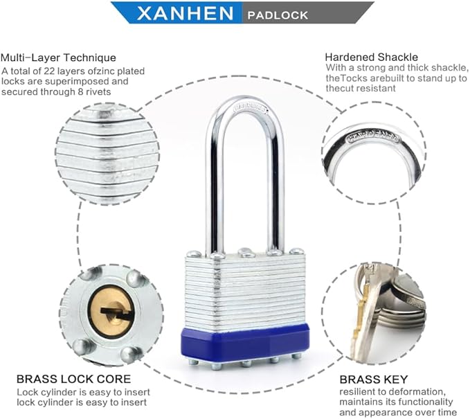 Lock Outdoor Padlocks, Key Lock, Padlocks with Same Key - Laminated Steel Keyed Padlocks with Long Shackle, 2 Pack, for Hasp Latch, Sheds, Fences, Storage Locker, School, Gym