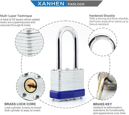 Lock Outdoor Padlocks, Key Lock, Padlocks with Same Key - Laminated Steel Keyed Padlocks with Long Shackle, 2 Pack, for Hasp Latch, Sheds, Fences, Storage Locker, School, Gym