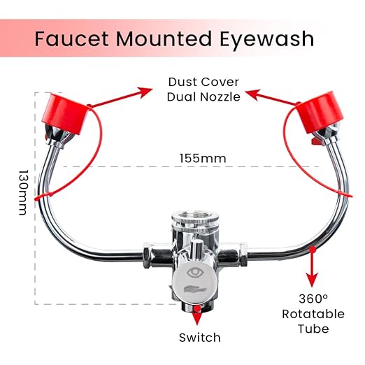 Emergency Eye Wash Station  Faucet Mounted Eyewash Unit for Sink Attachment, First Aid Eye Flush Solution for Lab, Factory, Office, or Home  Includes 4 Adapters