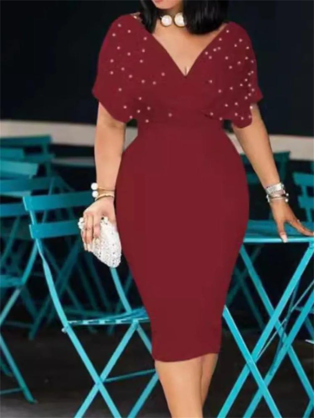 Hndudnff Women's Midi Dress V Neck Wrap Front Flutter Sleeve Pearl Bodycon Party Cocktail Dress.