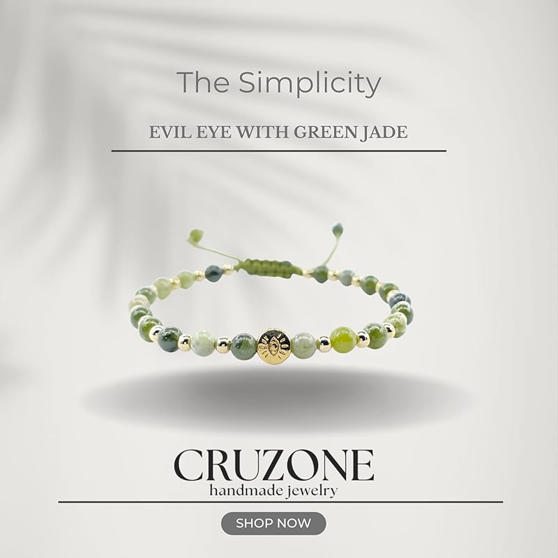 Lucky Evil Eye Natural Stone Beaded Adjustable Bracelet for Women (Green Jade)