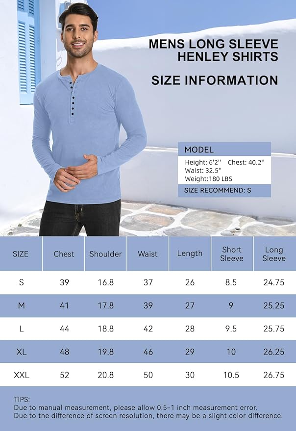 YTD Mens Casual Slim Fit Basic Henley Long Sleeve Fashion T-Shirt