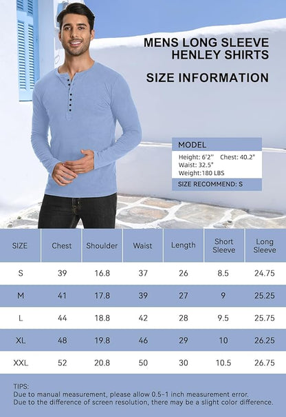 YTD Mens Casual Slim Fit Basic Henley Long Sleeve Fashion T-Shirt
