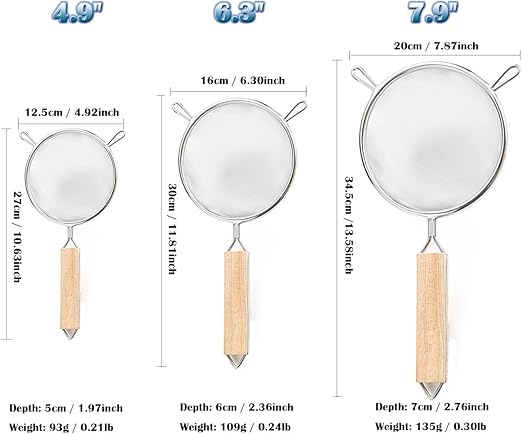 Fine Mesh Strainer 5" 6" 8", Stainless Steel 40 Mesh Sieve with Wooden Handle, Kitchen Metal Sifter Food Strainer for Quinoa, Pasta, Fruits, Vegetables, Rice, Set of 3