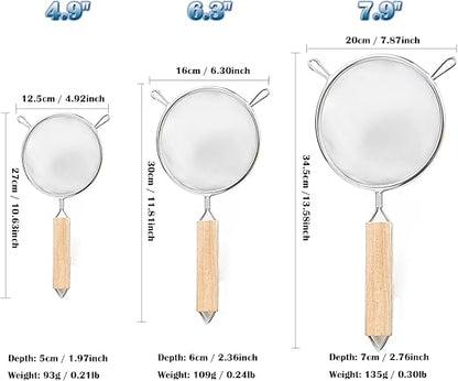 Fine Mesh Strainer 5" 6" 8", Stainless Steel 40 Mesh Sieve with Wooden Handle, Kitchen Metal Sifter Food Strainer for Quinoa, Pasta, Fruits, Vegetables, Rice, Set of 3