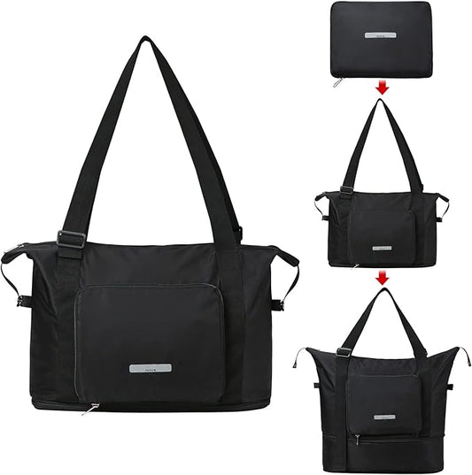 Hanke Expandable Foldable Travel Duffel Bag Collapsible Carry On Bag with Luggage Strap for Airplanes, Water Resistant Weekender Overnight Bag Fits for Men Women
