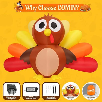 COMIN 6.7 FT Long Thanksgiving Inflatables Turkey Baby with Built-in LEDs Blow Up Yard Decoration for Holiday Party Indoor Outdoor Garden Lawn