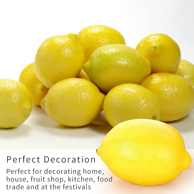 Fake Artificial Fruit Lemons Set of 12, Artificial Faux Fruits Big Size Vivid Faux Yellow Lemon Plastic Fake Yellow Lemon for Fake Fruit Bowl, Home Kitchen Table Cabinet Party Decor Photography Prop
