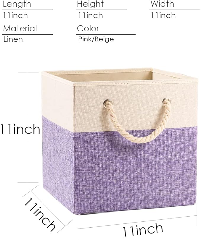 PRANDOM Large Foldable Cube Storage Bins 11x11 inch 4-Pack Fabric Linen Storage Baskets Cubes Drawer with Cotton Handles Organizer for Shelves Nursery Closet Bedroom Purple