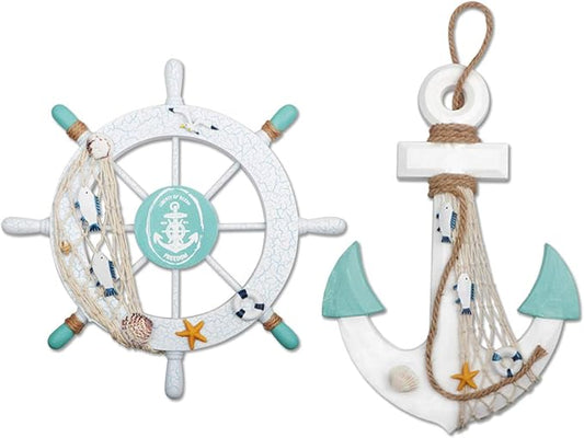 2 Pack 11" Nautical Beach Wooden Ship Wheel and 13" Wood Anchor with Rope Nautical Boat Steering Wheel Rudder Anchor Wall Decor Door Hanging Ornament Beach Theme Home Decoration(White&Green)
