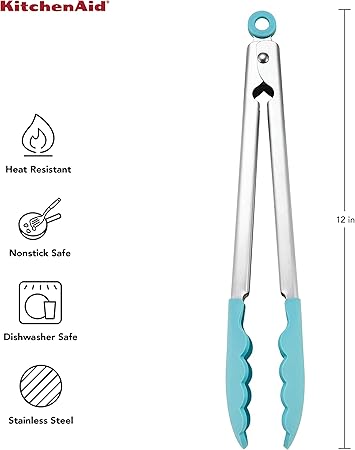 KitchenAid Silicone Tipped Stainless Steel Tongs, 12 Inch, Aqua Sky