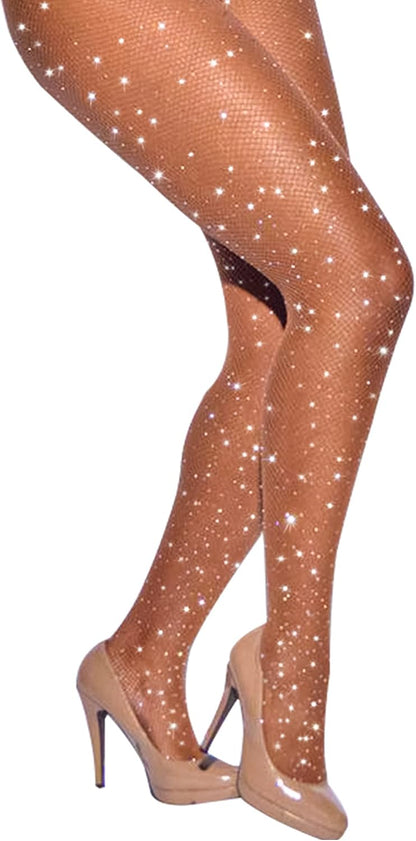 CHRLEISURE Women's Sparkle Rhinestone Fishnets, Sexy Sparkly Glitter Party Concert Outfit Fishnet Stockings