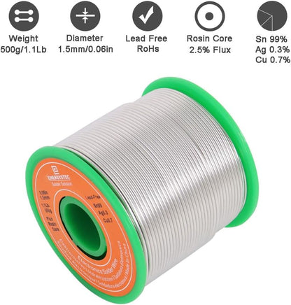500g Solder Wire Lead Free Rosin Flux Core Diameter 1.5mm 0.06 Alloy Sn99 Ag0.3 Cu0.7 Wide Solder Gauge Unleaded Fast Melting Solder Wire No Clean Electronics Soldering 1.1 Pound Large Electric Solder