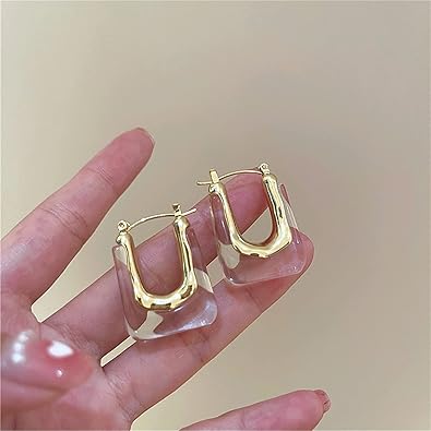 Chunky Clear Retro U Shaped Hoop Minimalist Square Resin Huggie Earrings for Women