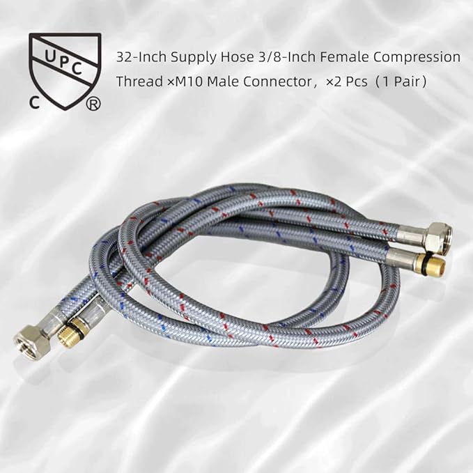 Long Faucet Connector Braided Stainless Steel 304 Supply Hose 38-Inch Female Compression Thread, x 2 Pcs (1 Pair)
