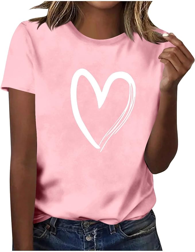 Valentines T Shirts for Women Cute Heart Print Graphic Tees Casual Short Sleeve Top Summer Fashion Round Neck Blouse