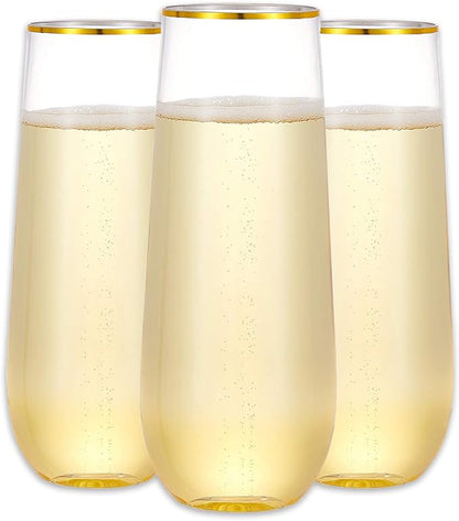 N9R 12 Pack Plastic Champagne Flutes, 9 oz Stemless Disposable Gold Rim Toasting Glasses, Crystal Clear Cocktail Cups Drinkware Shatterproof Ideal for Party Wedding Birthday