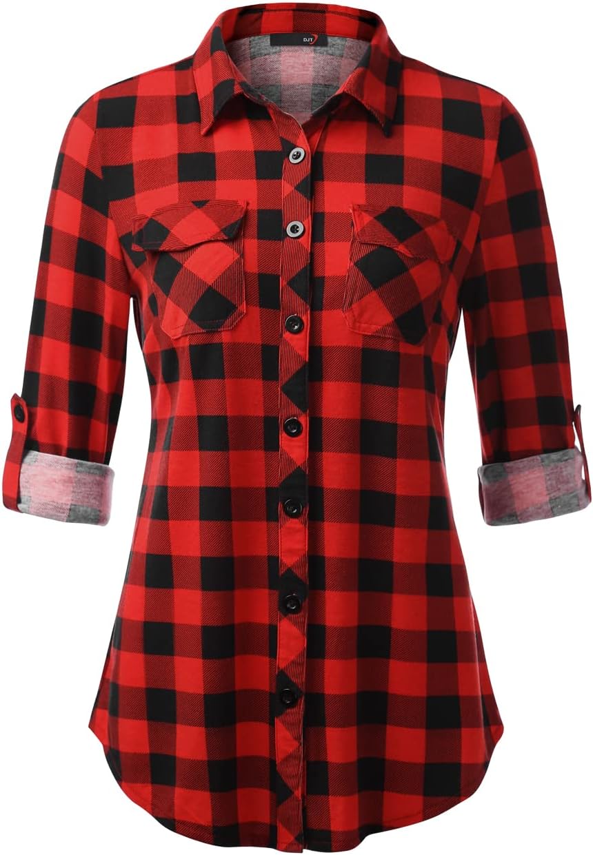 This classic plaid shirt from DJT is perfect for any casual or dressy occasion. The soft, stretchy fabric is comfortable and flattering.