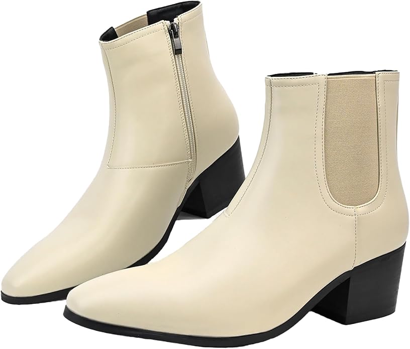 Size 45-Eu QEOSNBX Men'S Classic Leather Chunky Heel Chelsea Boots With Side Zipper Fashion Pointed Toe Elastic Band High Top Block High Heel Formal Chukka Booties For Casual Business Party Wedding